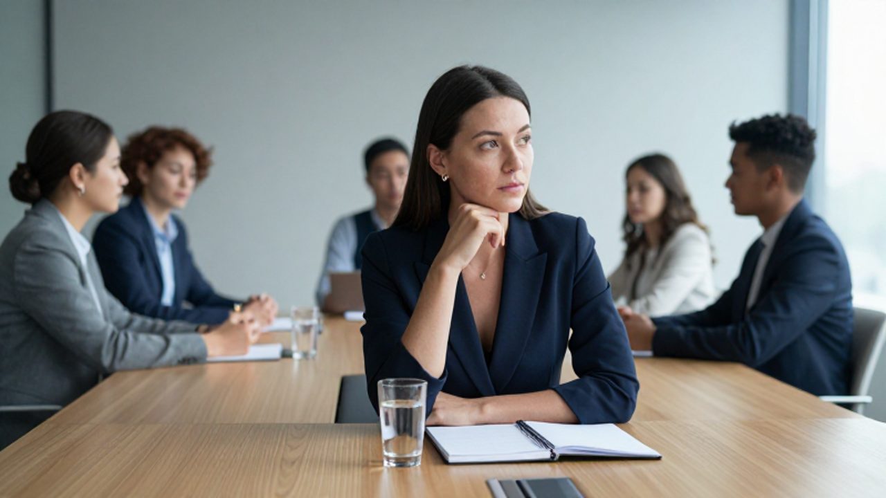 Una mujer profesional con expresión reflexiva observa a sus colegas durante una reunión en una oficina moderna.
