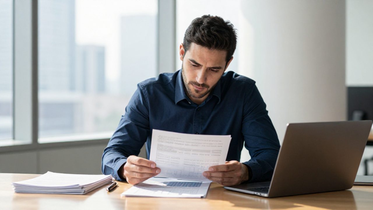 Hombre profesional concentrado analizando documentos financieros en su escritorio de una oficina moderna.