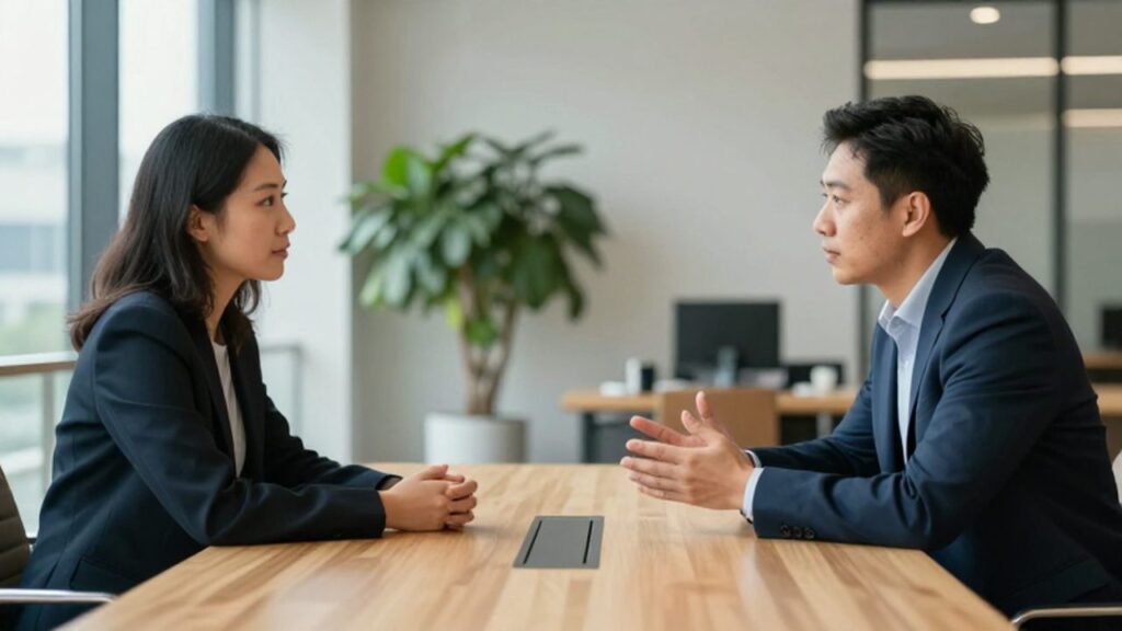 Dos colegas mantienen una conversación tranquila y asertiva en una oficina moderna, con uno de ellos escuchando atentamente mientras el otro gesticula con calma.