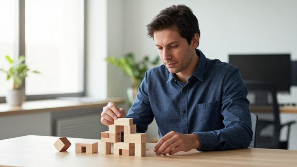 Una persona profesional organiza piezas geométricas de madera sobre un escritorio en una oficina luminosa, representando un proceso de reorganización mental.