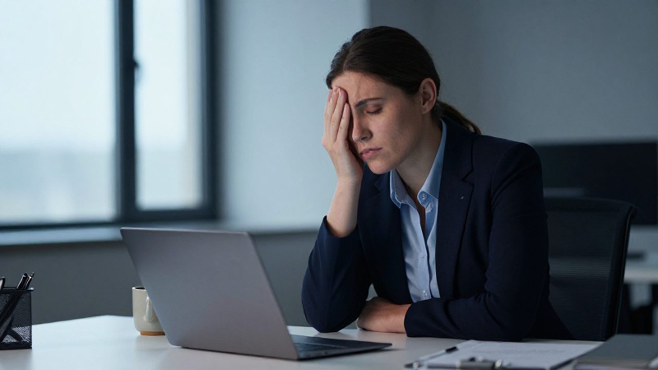 Persona sentada en un escritorio de oficina con la cabeza apoyada en la mano y los ojos cerrados, mostrando un gesto de agotamiento mental y cansancio.
