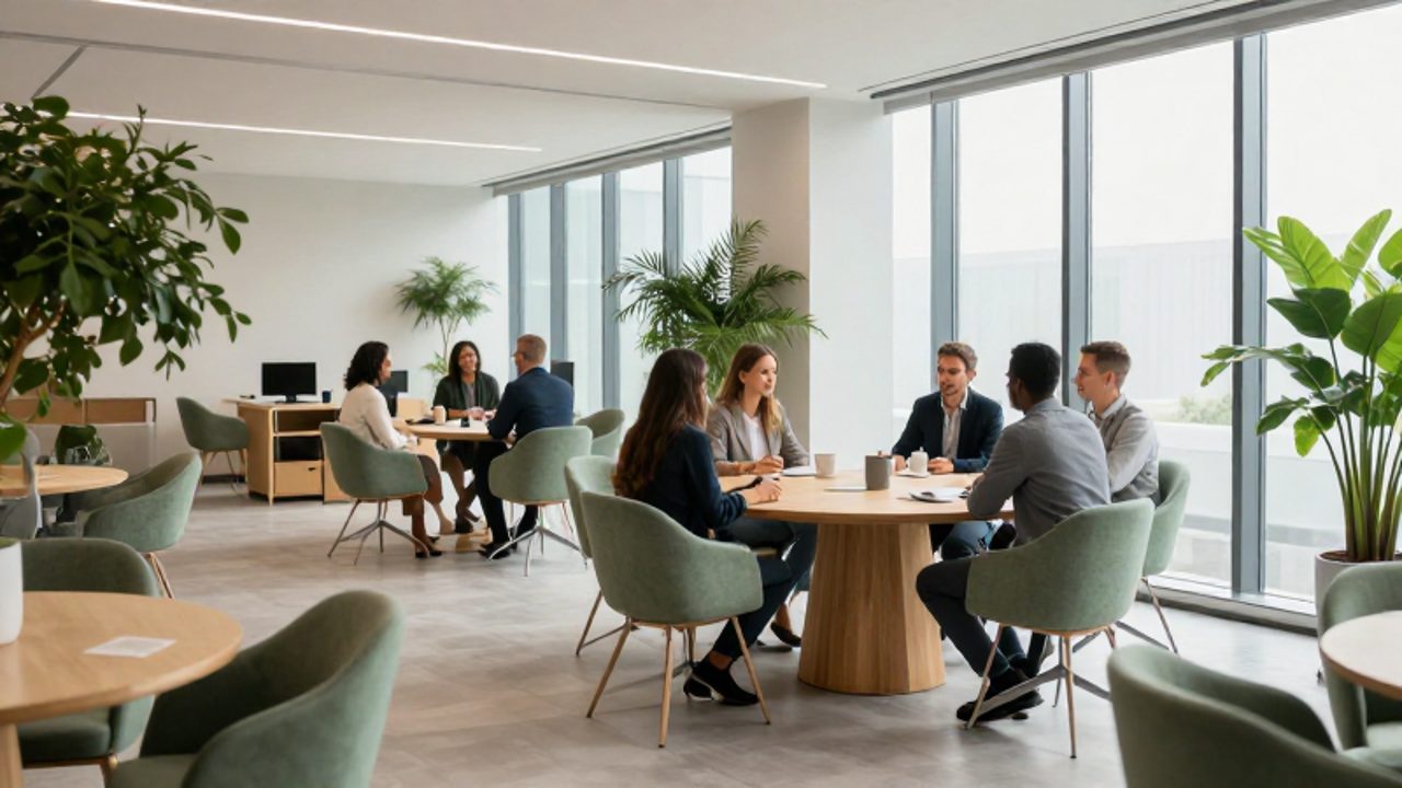 Grupo de profesionales conversando en una zona de descanso con plantas y luz natural en una oficina moderna y luminosa.