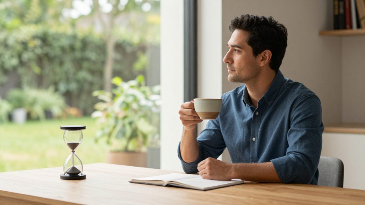 Un hombre tranquilo sentado en su escritorio de una oficina luminosa, contemplando un jardín mientras sostiene una taza de café y un reloj de arena descansa frente a él.