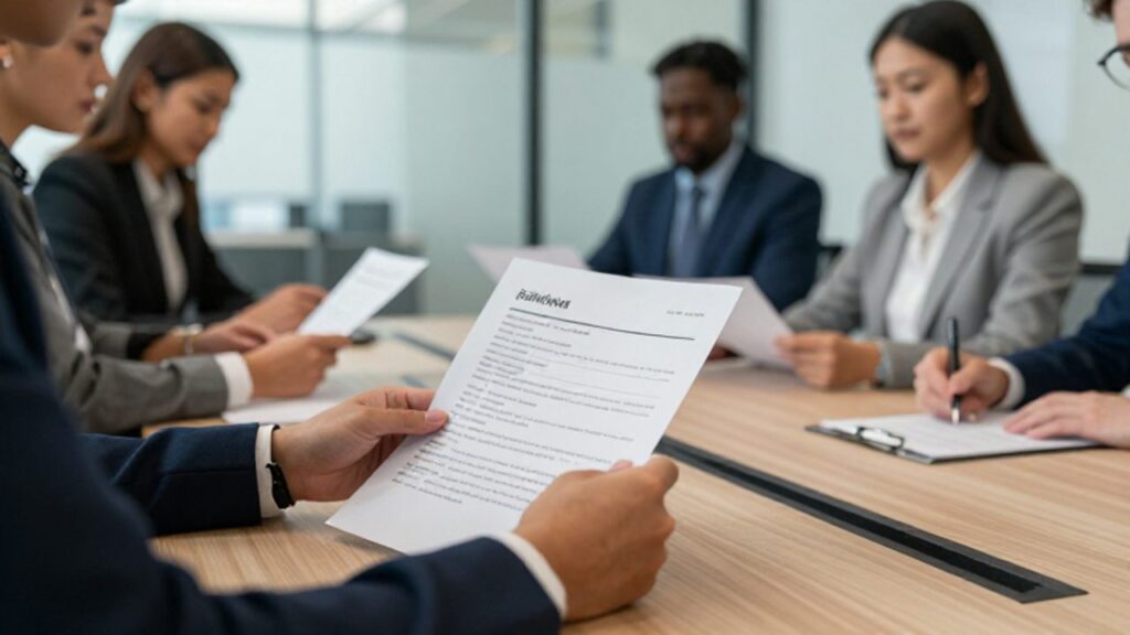 Grupo de reclutadores profesionales analizando currículums y datos de desempeño en una mesa de reuniones de una oficina moderna.
