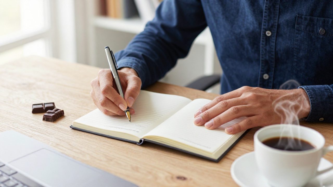 Manos de una persona escribiendo en una agenda junto a una taza de café en un escritorio ordenado.
