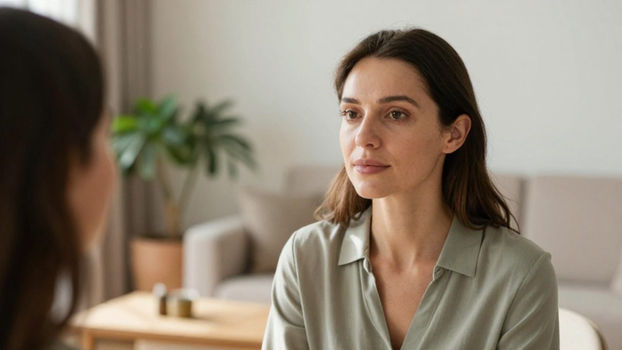 Mujer con expresión serena se mira en un espejo en una sala luminosa y minimalista, reflejando un sentimiento de aceptación personal.