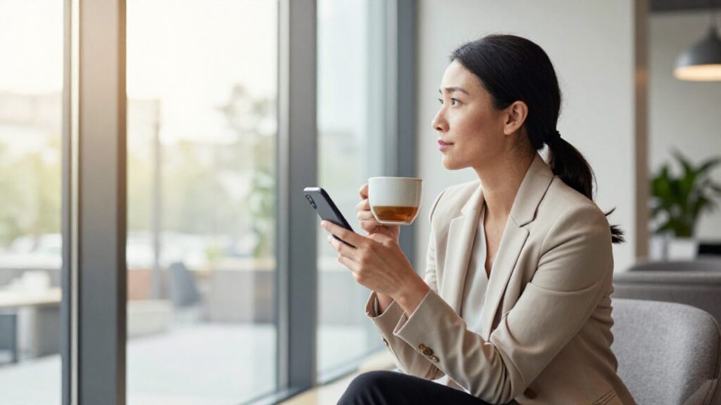 Mujer sentada en un salón moderno mirando pensativamente por un ventanal mientras sostiene una taza de té, transmitiendo calma e introspección.