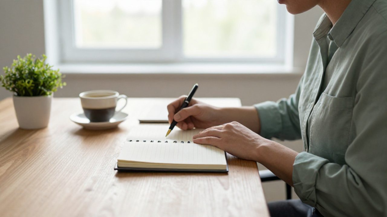 Una persona organiza tranquilamente su agenda diaria en un escritorio despejado y luminoso de una oficina en casa.