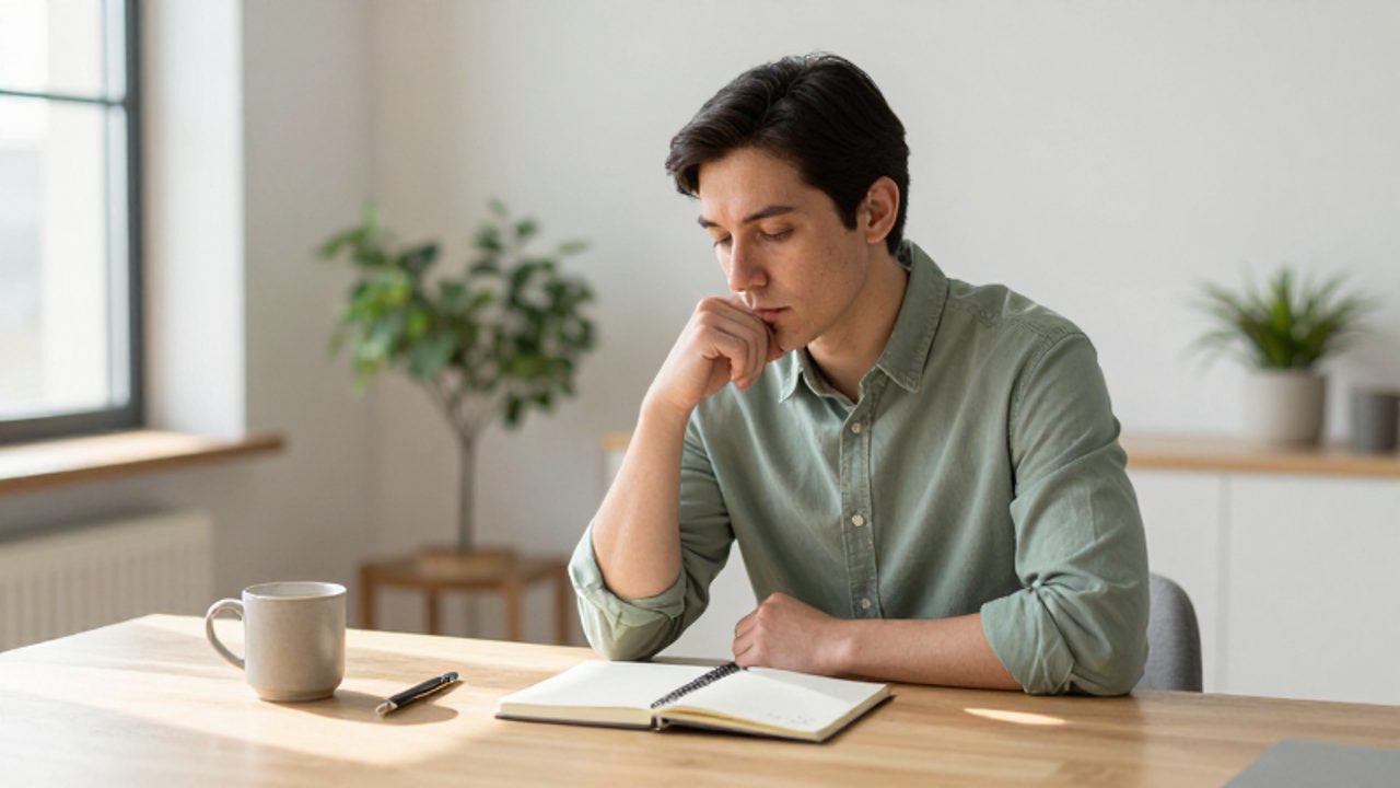 Persona en un escritorio ordenado mirando con serenidad un cuaderno de notas en un entorno de oficina luminoso y tranquilo.