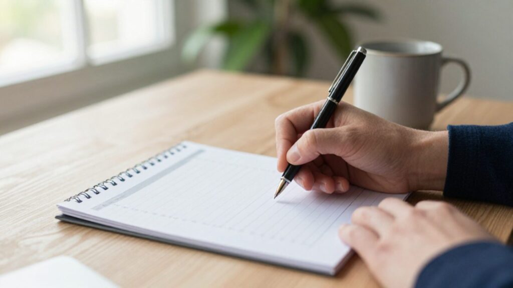 Una persona marca con calma una tarea prioritaria en un planificador de papel sobre un escritorio ordenado y luminoso.