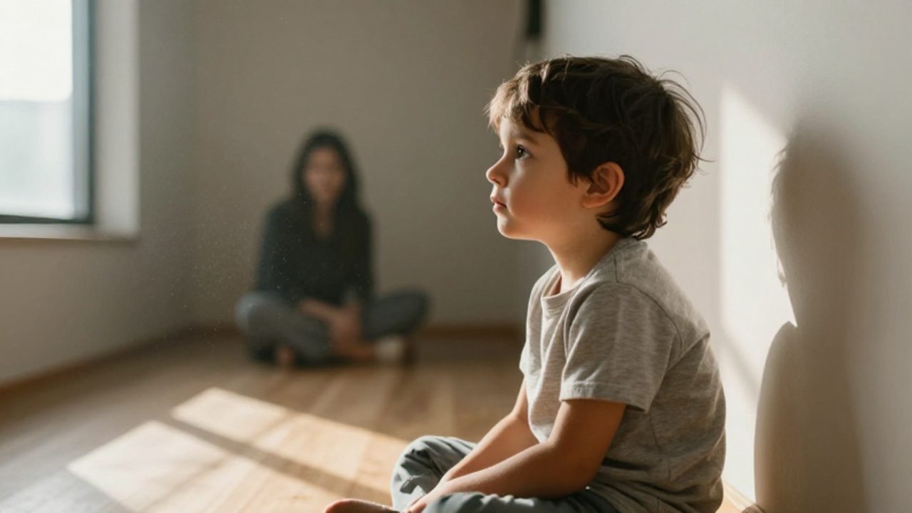 Niño pequeño sentado en el suelo de una sala iluminada por el sol con expresión pensativa y la silueta de un cuidador al fondo.