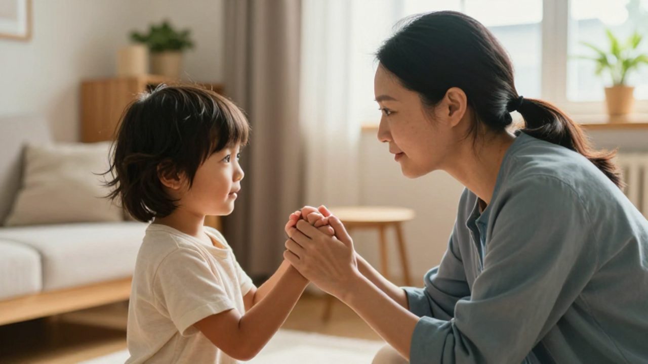Un adulto se arrodilla para estar a la altura de un niño y le toma las manos con ternura en una sala iluminada, mostrando una actitud de apoyo y empatía.