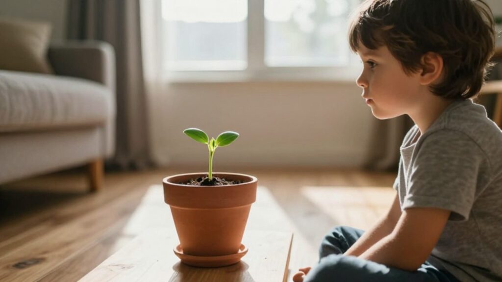 Un niño sentado en una sala iluminada observa de forma introspectiva un pequeño brote verde que crece en una maceta sobre una mesa.