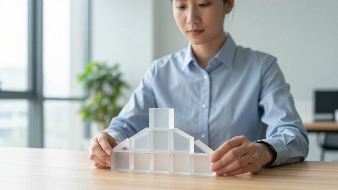 Persona en una oficina moderna organizando bloques geométricos sobre un escritorio de madera para simbolizar el paso del caos al orden.
