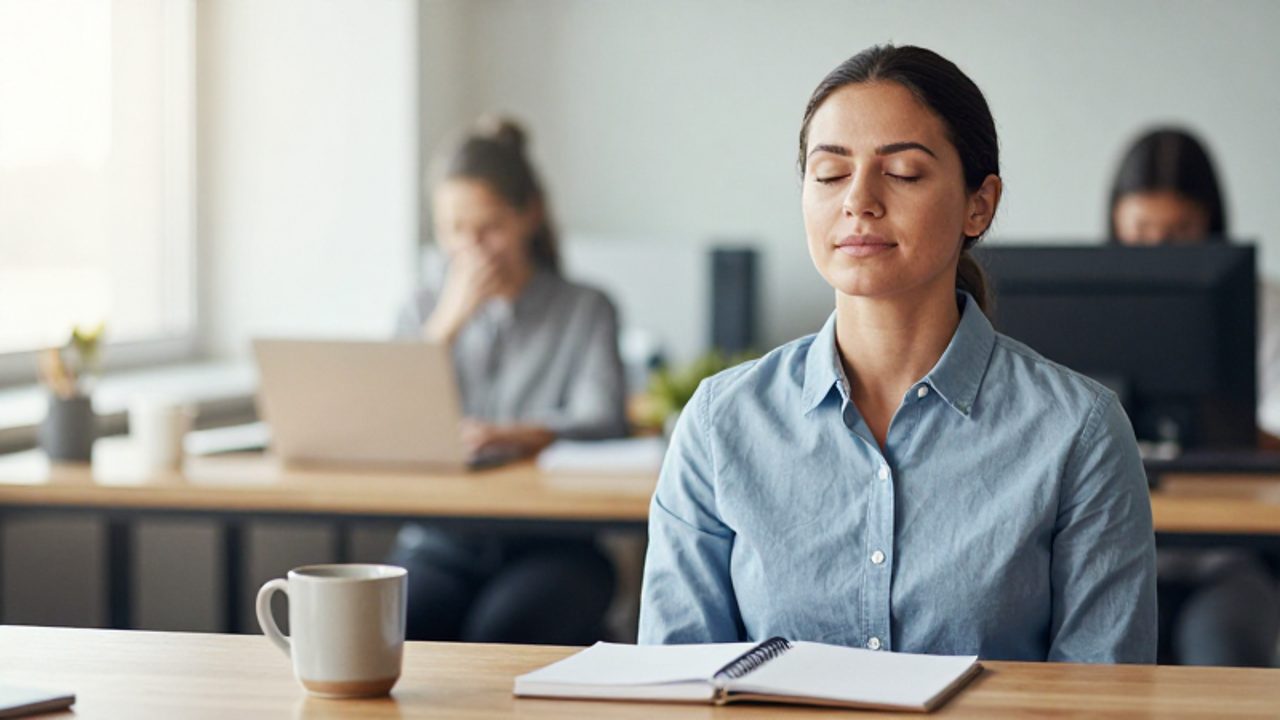 Persona sentada en un escritorio de oficina que respira profundamente con los ojos cerrados para mantener la calma en un entorno de trabajo.
