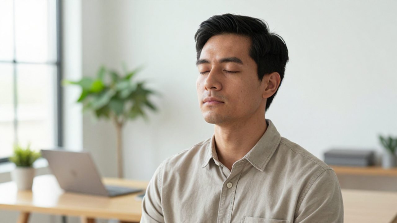 Un hombre de mediana edad con expresión serena practica técnicas de respiración consciente en un despacho luminoso y ordenado.