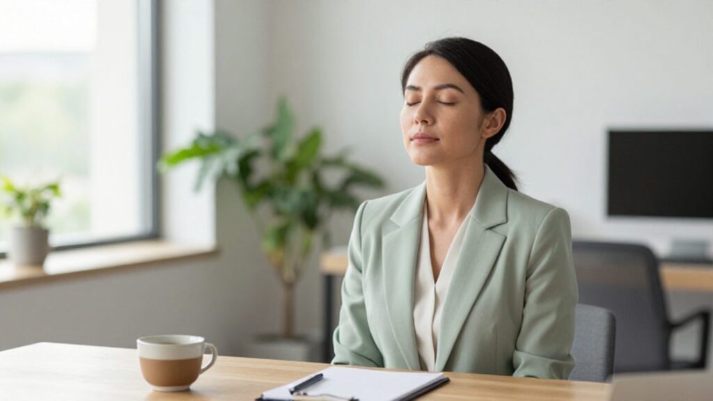 Mujer sentada en un escritorio luminoso respirando profundamente con los ojos cerrados en un momento de calma.