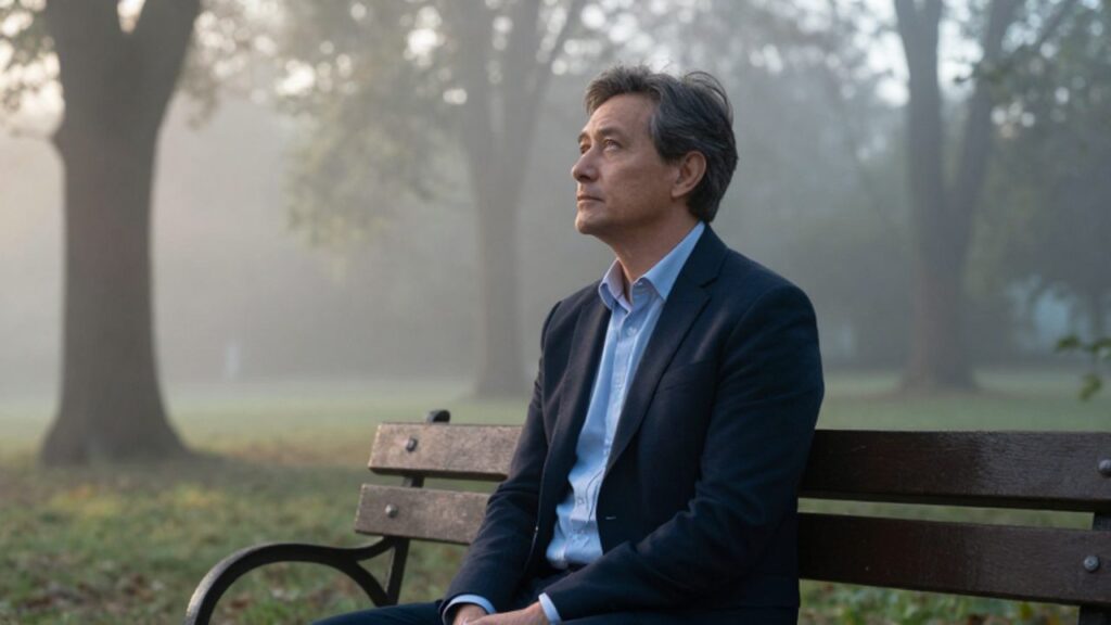 Persona de mediana edad sentada en un banco de madera en un parque con niebla, mirando con serenidad hacia la luz del amanecer entre los árboles.