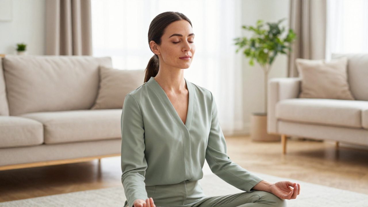 Mujer sentada en una sala iluminada practicando respiración consciente con expresión de serenidad.