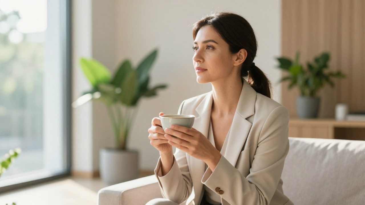 Mujer con expresión serena sostiene una taza de té mientras contempla por la ventana en un salón luminoso y minimalista.