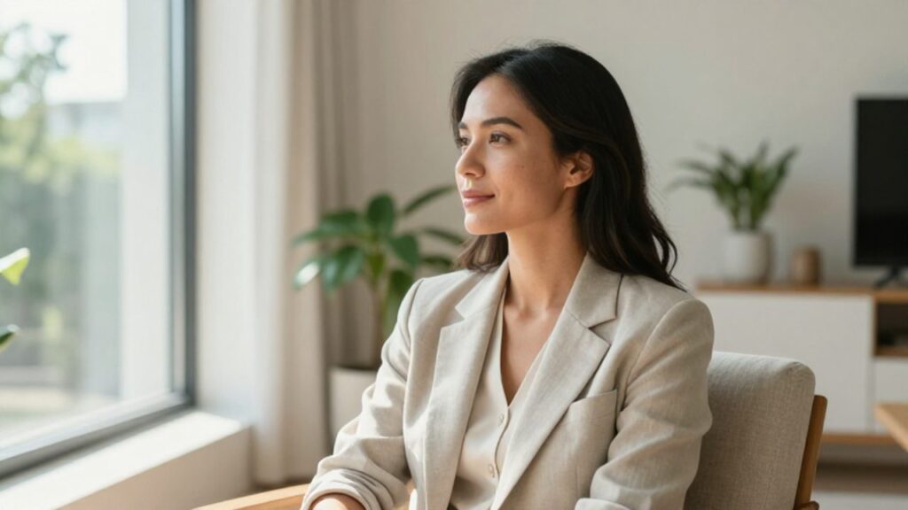 Mujer sentada tranquilamente en un salón luminoso, mirando hacia una ventana con expresión serena y reflexiva.