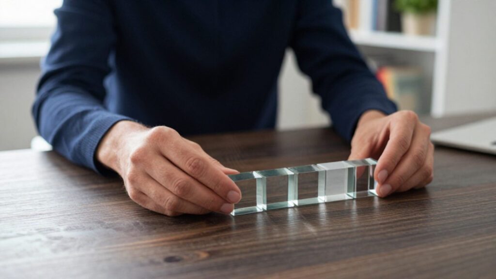 Unas manos organizan bloques de cristal geométricos sobre un escritorio, con uno de ellos fuera de lugar para simbolizar una interrupción en el patrón lógico.
