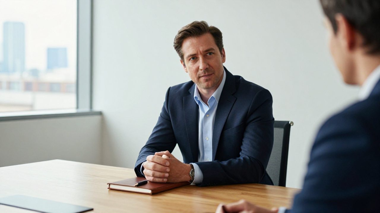 Hombre de mediana edad con postura relajada y expresión serena sentado en una mesa de juntas en una oficina moderna.