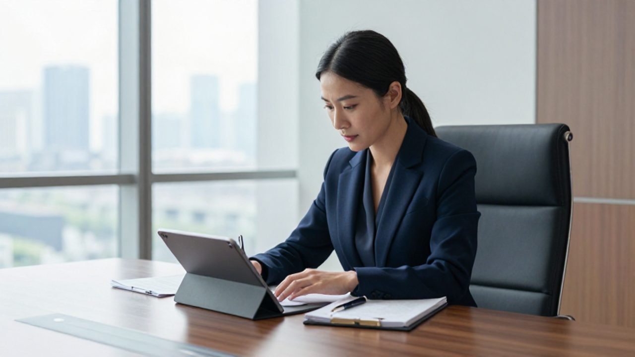Mujer profesional con expresión serena y enfocada revisa documentos en una oficina moderna y luminosa.