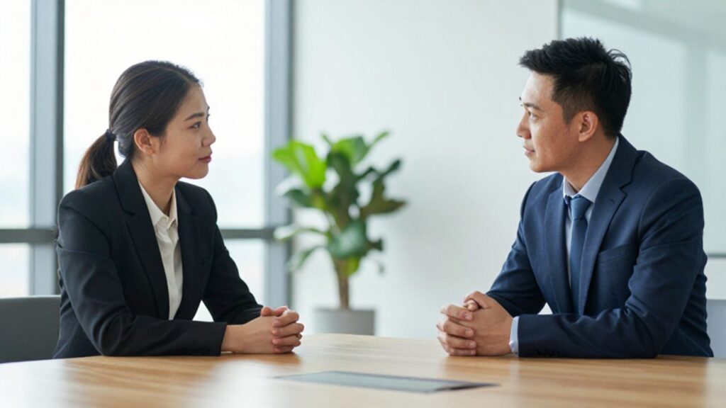 Un hombre y una mujer mantienen una conversación colaborativa y profesional durante una negociación en una oficina moderna y luminosa.