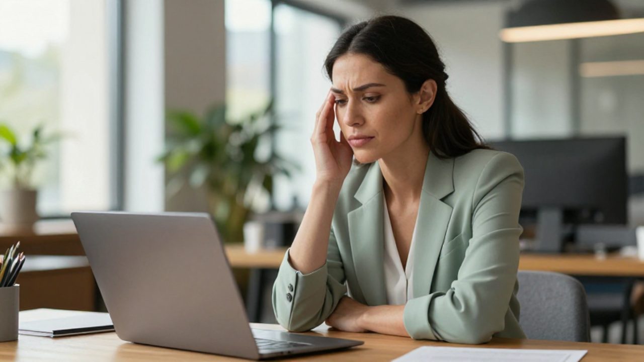 Mujer profesional en una oficina luminosa que cierra los ojos y respira con calma tras un momento de frustración frente a su ordenador.
