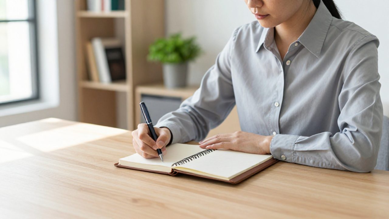 Persona concentrada escribiendo en un cuaderno sobre un escritorio de madera en una oficina luminosa y ordenada.