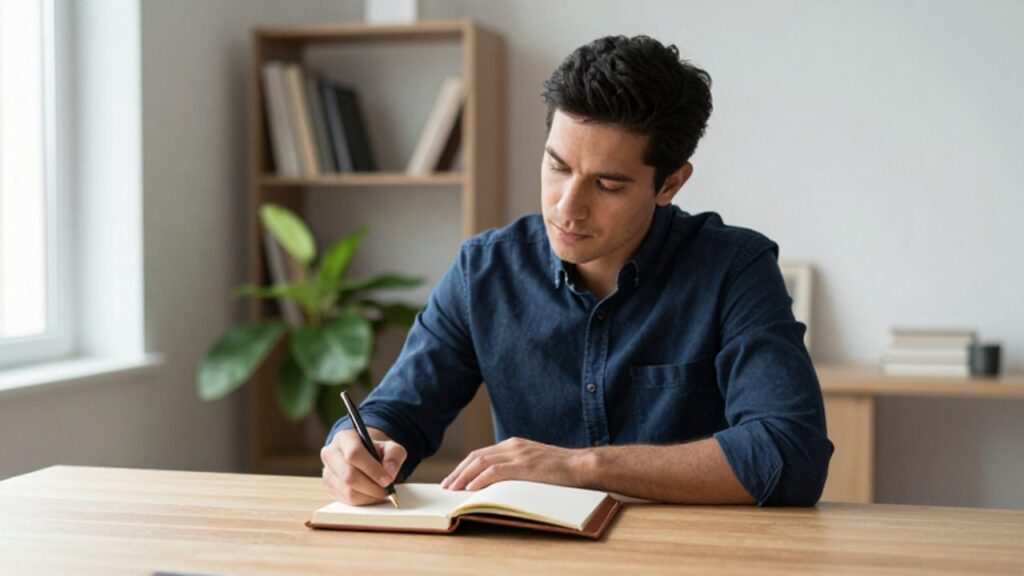 Hombre concentrado escribiendo reflexivamente en un cuaderno sobre un escritorio de madera en una oficina luminosa.