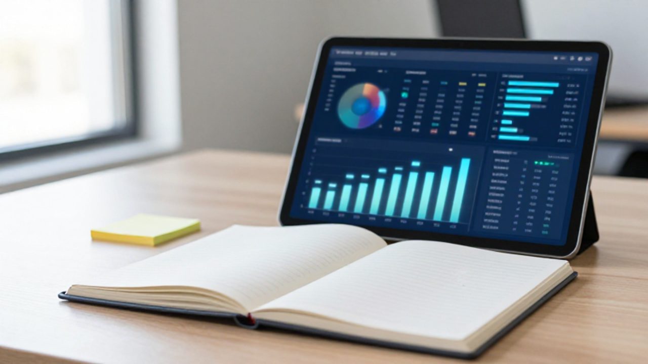 Un cuaderno abierto y una tablet con gráficos de datos estructurados sobre un escritorio de madera, contrastando con una nota adhesiva desenfocada en un lado.
