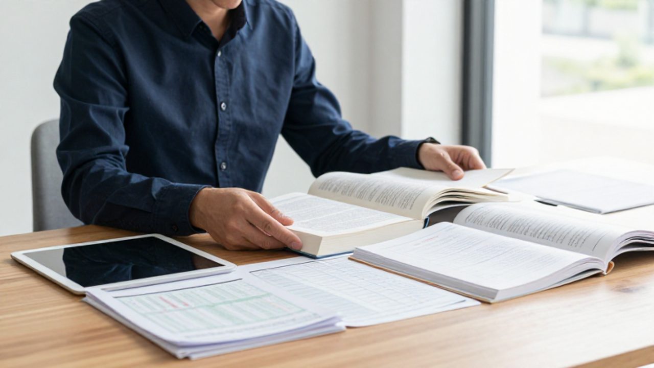 Persona profesional organizando diversos libros de referencia y hojas de datos sobre un escritorio para ampliar su base de conocimientos.