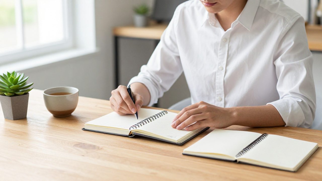 Persona sentada en un escritorio organizado revisando con calma una agenda y un cuaderno en un entorno de oficina luminoso y tranquilo.