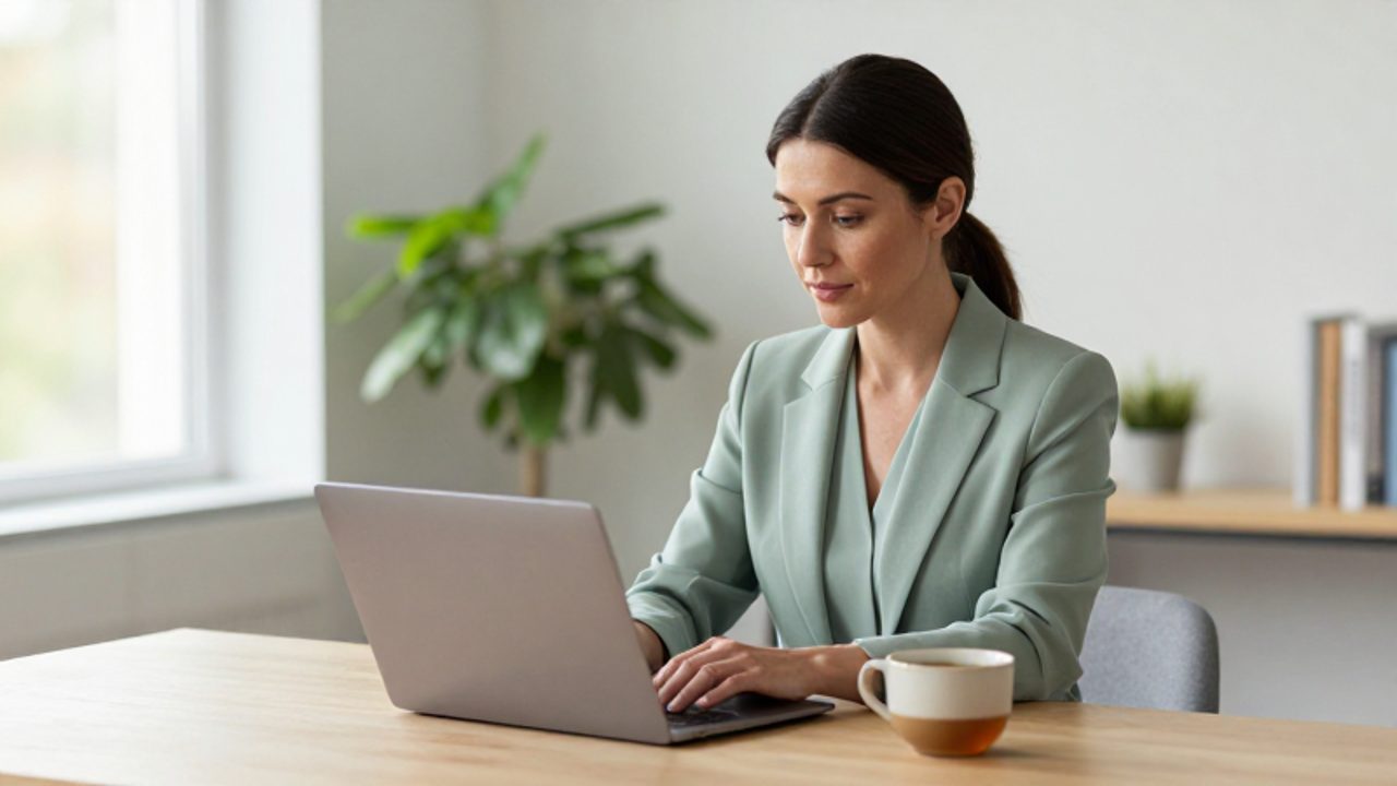 Mujer sentada en un escritorio despejado cerrando su ordenador portátil con expresión tranquila para finalizar su jornada laboral.