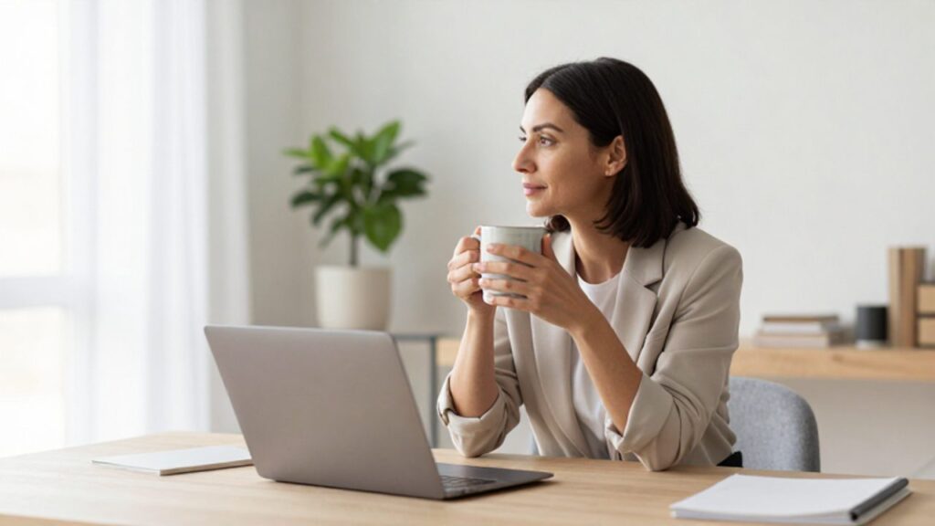 Mujer profesional sentada en su escritorio de oficina en casa, mirando hacia la ventana con una taza de café en las manos en un momento de pausa y calma.