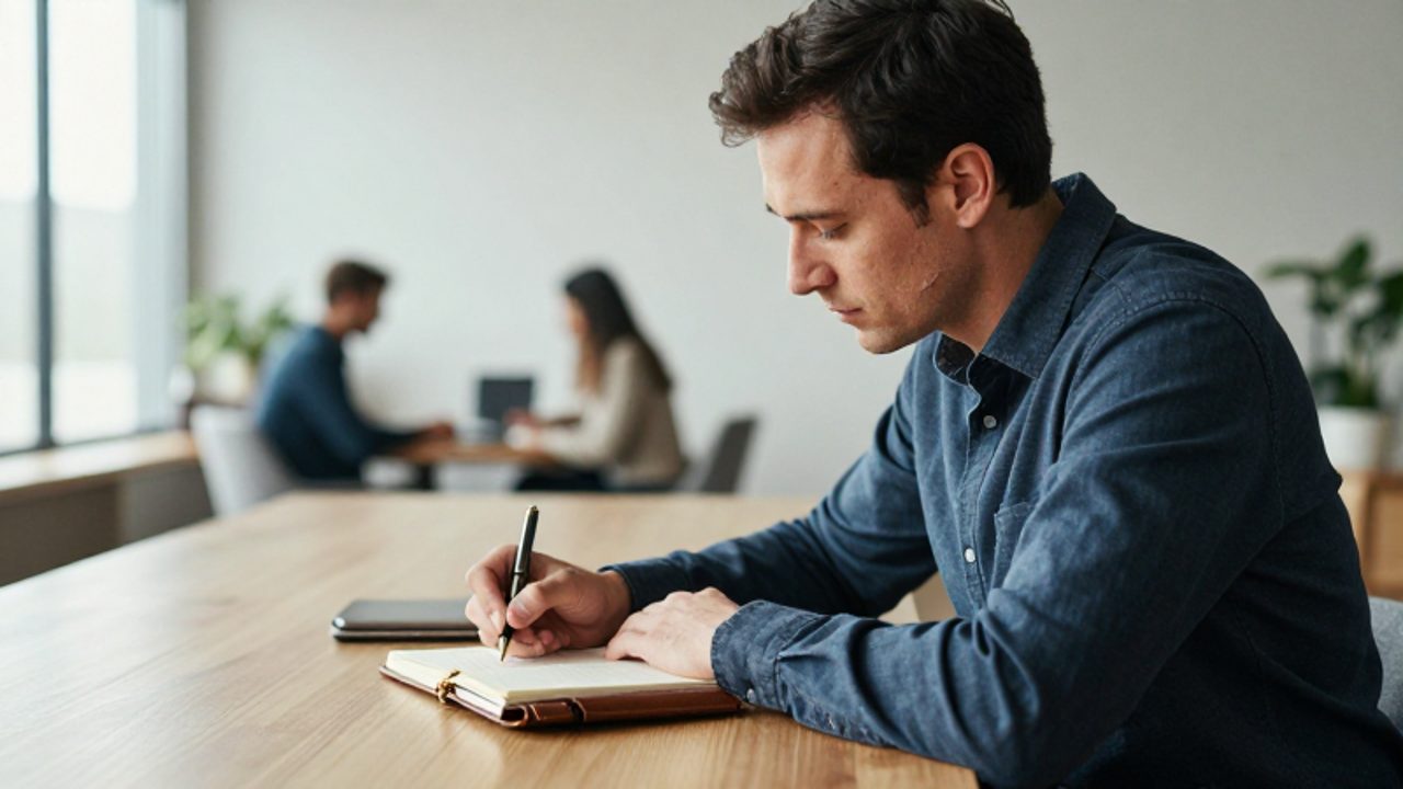 Hombre concentrado escribiendo en un diario sobre un escritorio minimalista, manteniendo la calma mientras el fondo se muestra desenfocado y con movimiento.