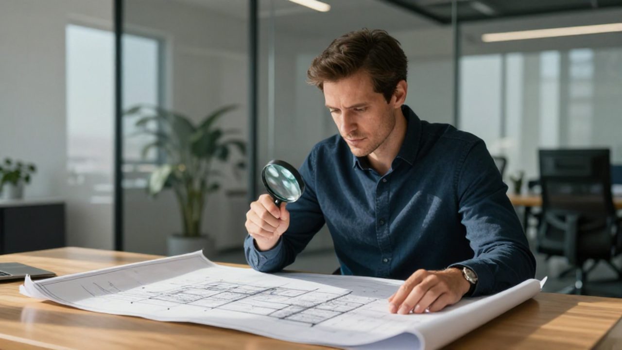 Un hombre analiza atentamente un plano arquitectónico con una lupa en una oficina moderna, mientras su reflejo en un cristal cercano aparece desenfocado.
