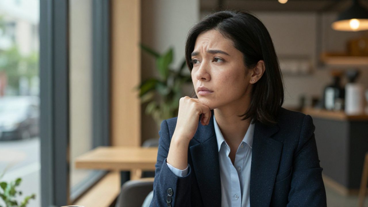 Una persona con expresión introspectiva y dubitativa sentada sola en una cafetería moderna y soleada.