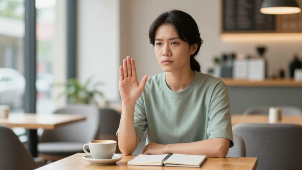 Persona con expresión tranquila y segura levanta la mano en un gesto de calma para marcar un límite durante una conversación en una cafetería.
