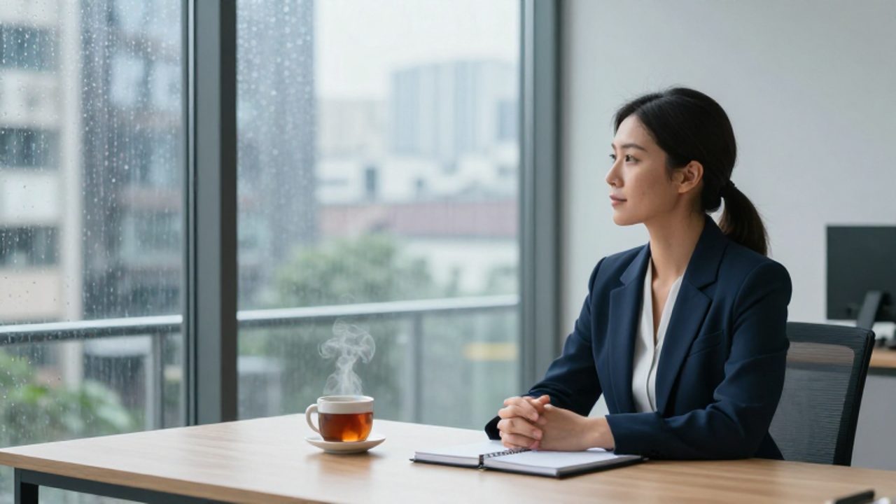 Persona con expresión calmada y meditativa sentada en un escritorio frente a un ventanal con lluvia, transmitiendo serenidad ante la incertidumbre.