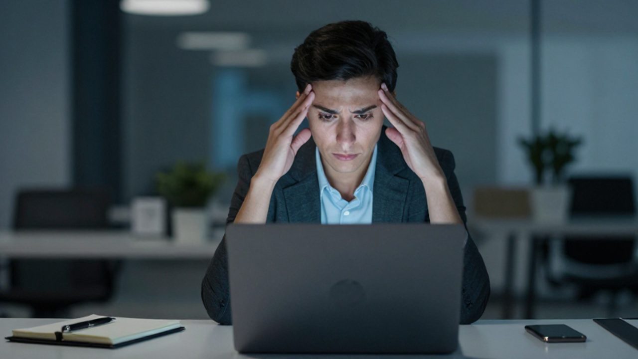 Persona de aspecto agotado y abrumado frente a un portátil en un escritorio de oficina, rodeada de objetos que simbolizan distracciones constantes.