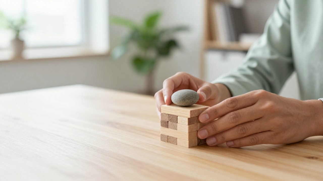 Manos de una persona organizando con precisión una pila de bloques de madera y una piedra sobre un escritorio despejado en un entorno de oficina luminoso y ordenado.