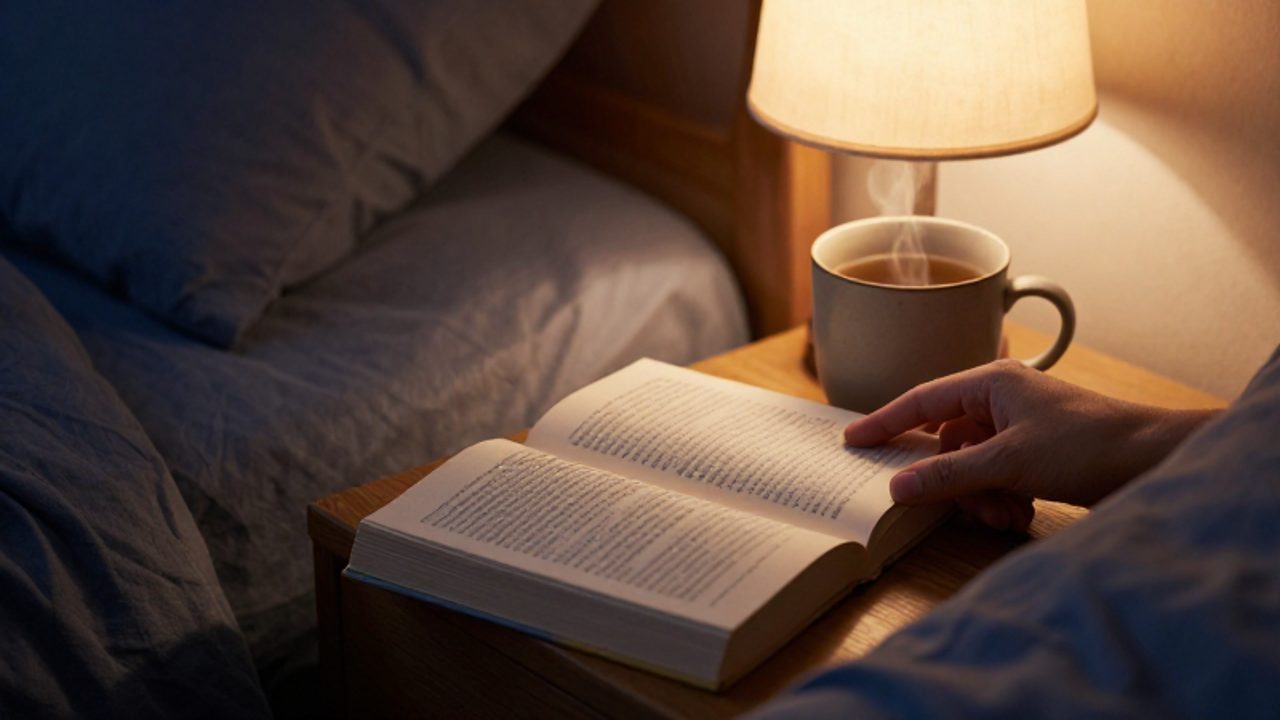 Una mano deja un libro junto a una taza de té caliente sobre la mesa de noche en una habitación con luz tenue.
