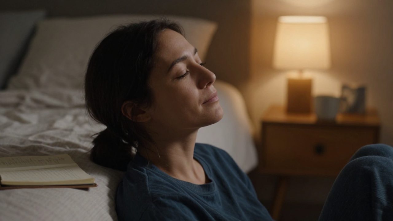 Una persona con expresión serena se sienta al borde de su cama en una habitación tenuemente iluminada, transmitiendo una sensación de calma y aceptación.