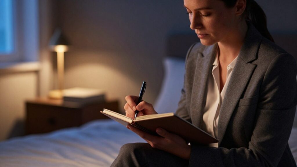 Mujer sentada tranquilamente en el borde de su cama escribiendo en un cuaderno para despejar su mente antes de dormir.