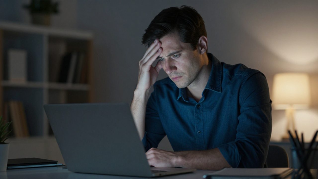 Persona con expresión de agotamiento mental frente a una computadora en una oficina con luz tenue.