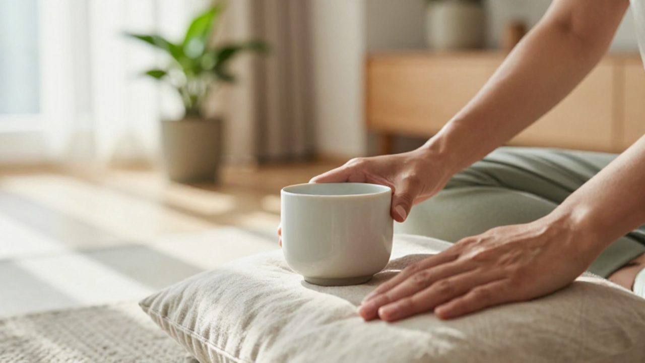 Persona sentada en un ambiente luminoso que toca con calma una taza de cerámica para practicar una técnica de conexión sensorial.
