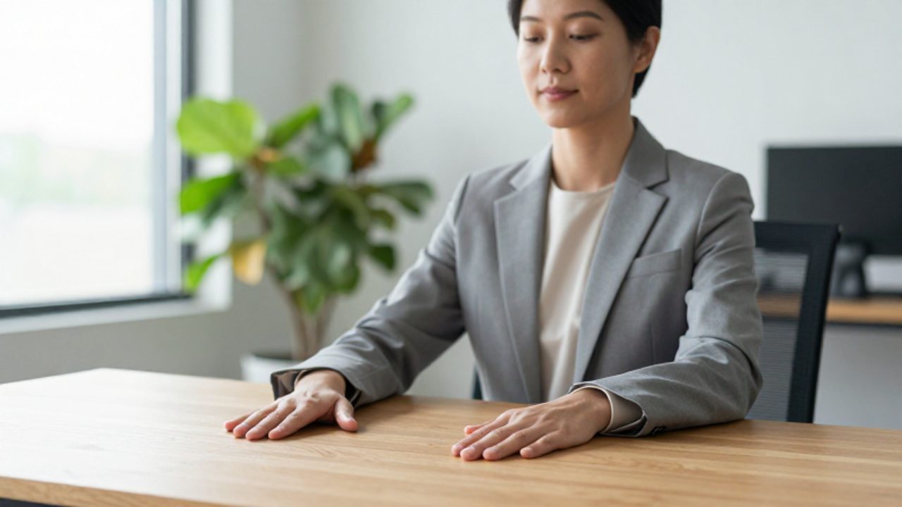 Persona sentada en un escritorio de oficina minimalista, con las manos apoyadas sobre la madera para practicar una técnica de conexión sensorial y calma.